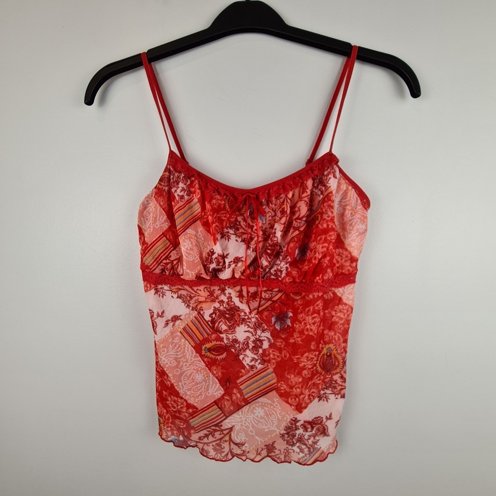 Red Floral Patchwork Cami Top Blouse Adjustable Straps Y2K Tank Top XL‎ (Small)